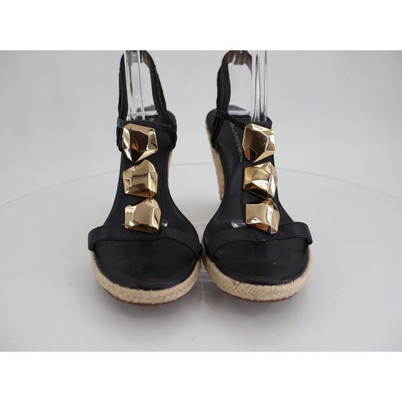 Diane Von Furstenberg Leather Jute Sandals Womens 9.5 Embellished Black Wedges - Picture 3 of 14